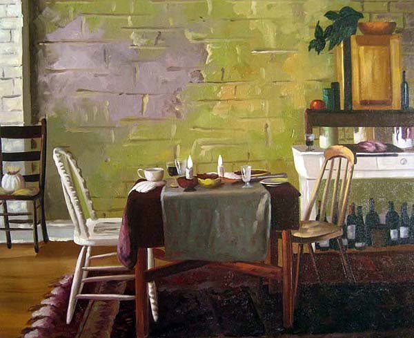 Dining Table in Rustic Room 20" x 24" Original Oil