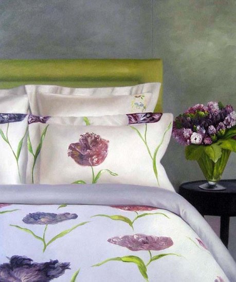 Bed with Flowery Linens 20" x 24" Original Oil