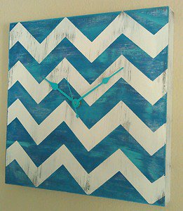 Chevron Blue and White Distressed Wood Wall Clock w/ turquoise Hands - Wooden