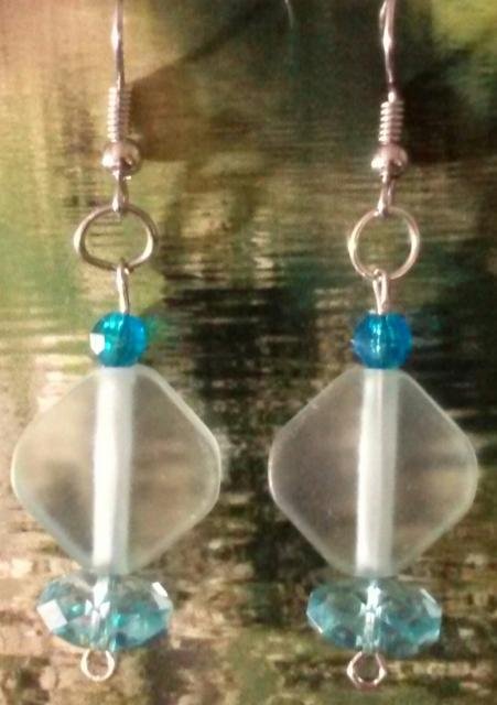 Dynasty- Frosted Diamond Shaped with Sea Blue Accents Earring Dangles