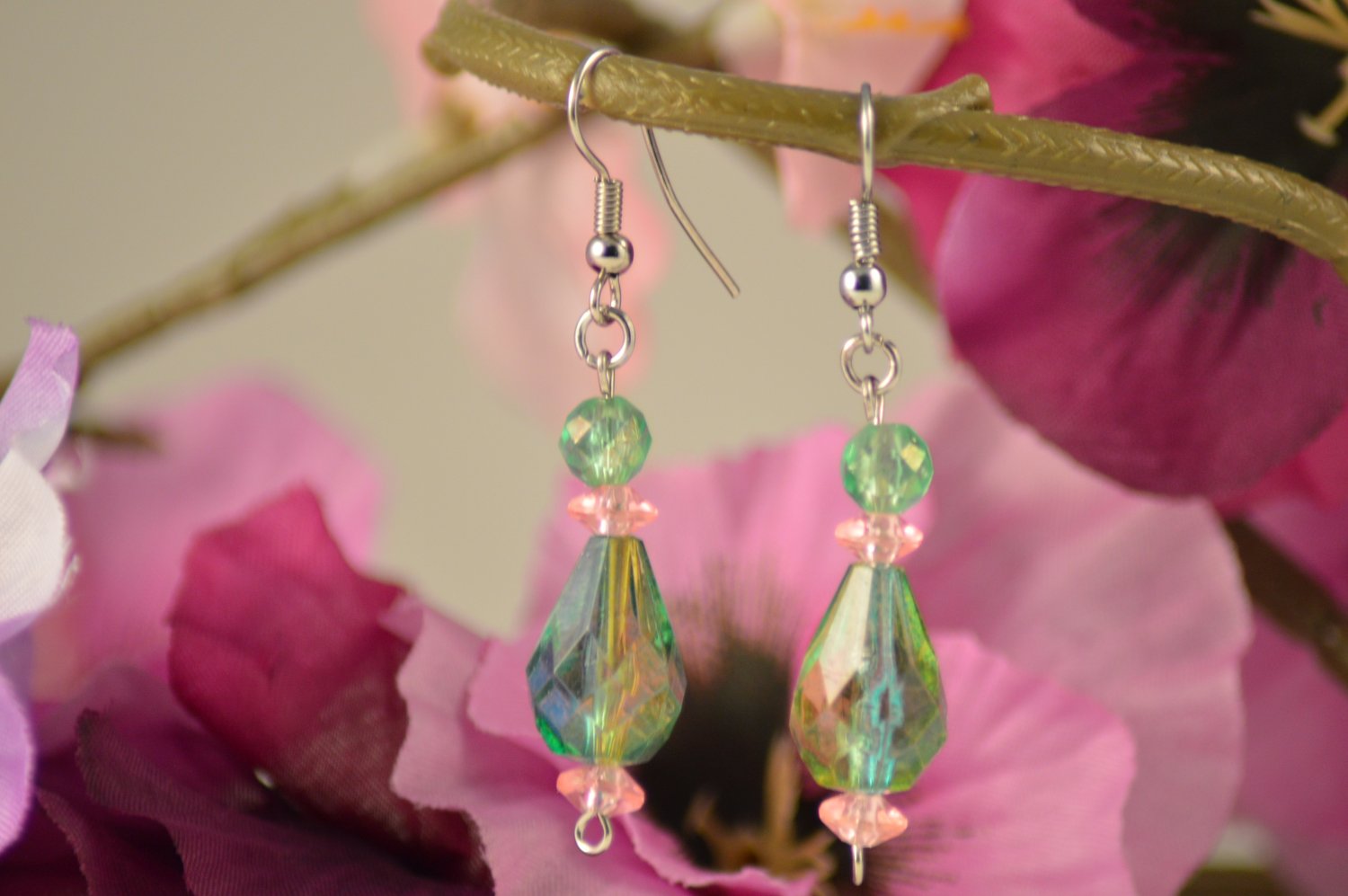 Veronica- Emerald Green Teardrop with Rose Pink Earring Dangles
