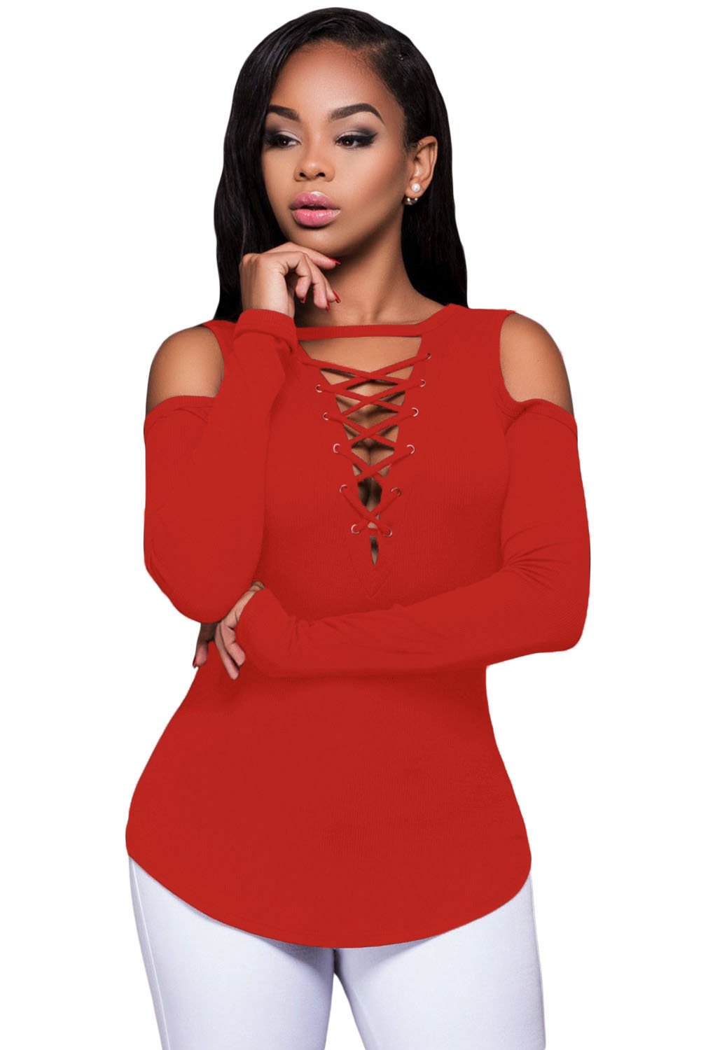 Red Long Sleeve Cut-out Shoulder Ribbed Top