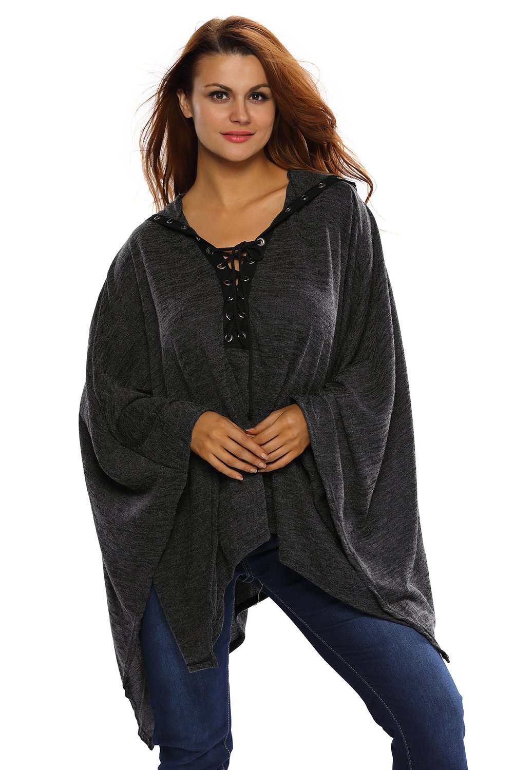 Womens Grommet Lace-up Poncho in Black