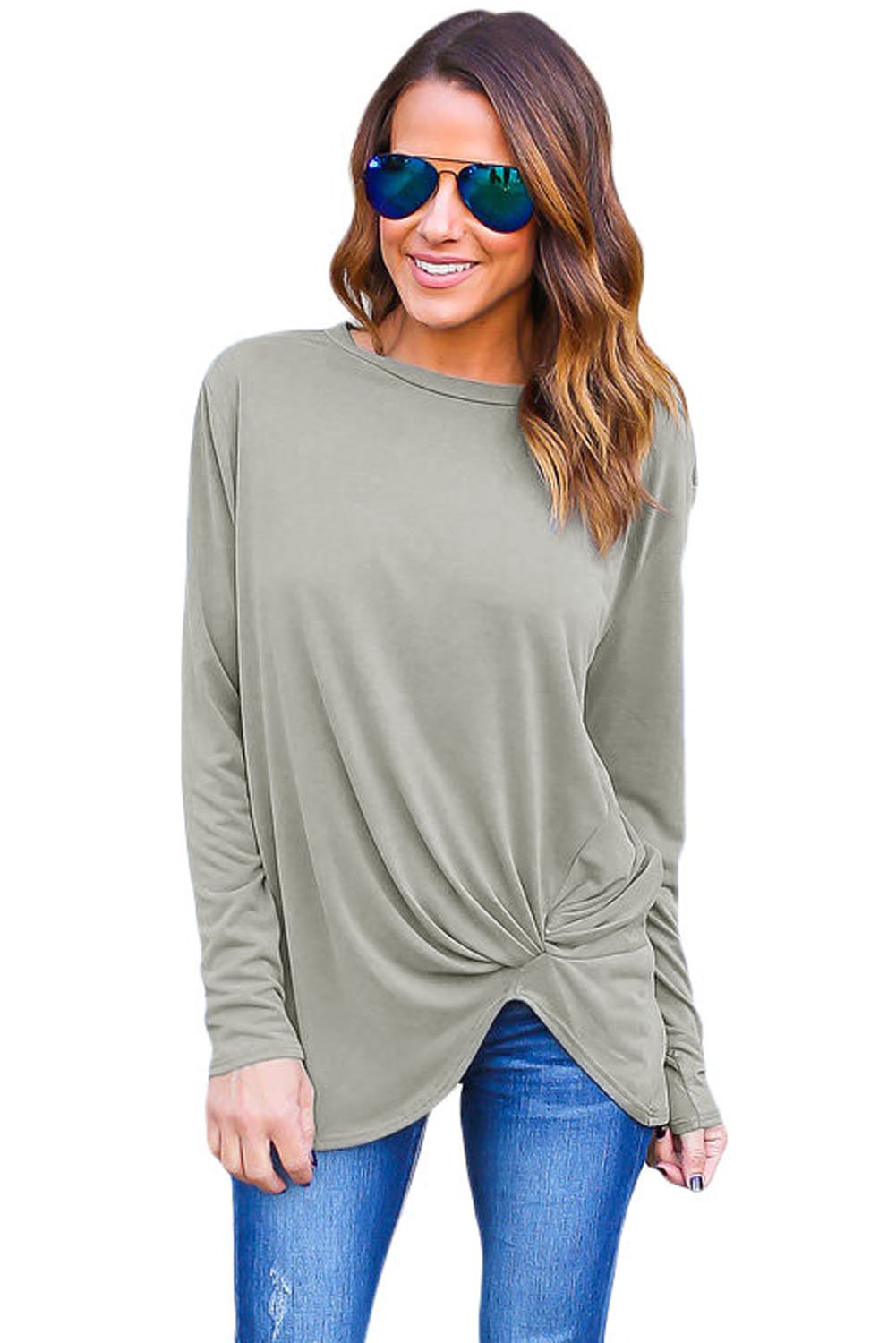 Fashion Girls Gray Long Sleeves Drape Top