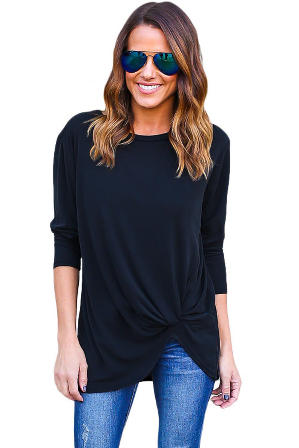 Navy Long Sleeves Drape Top for Women