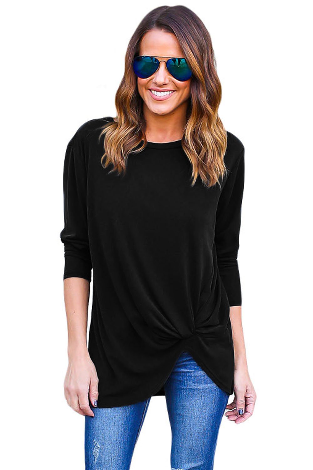 Latest Black Long Sleeves Drape Top Online