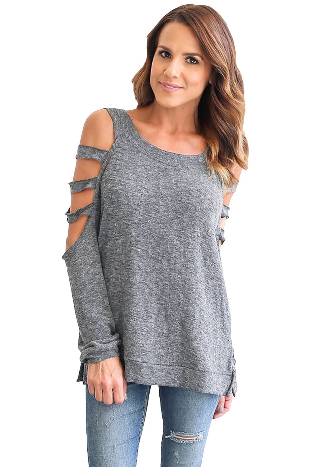 Adult Grey Cold Shoulder Hollow Out Long Sleeve Top