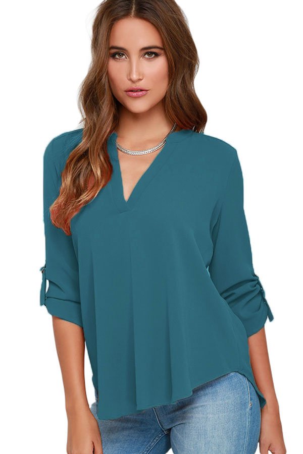 Lake Green V Neck Loose Fitting Chiffon Blouse