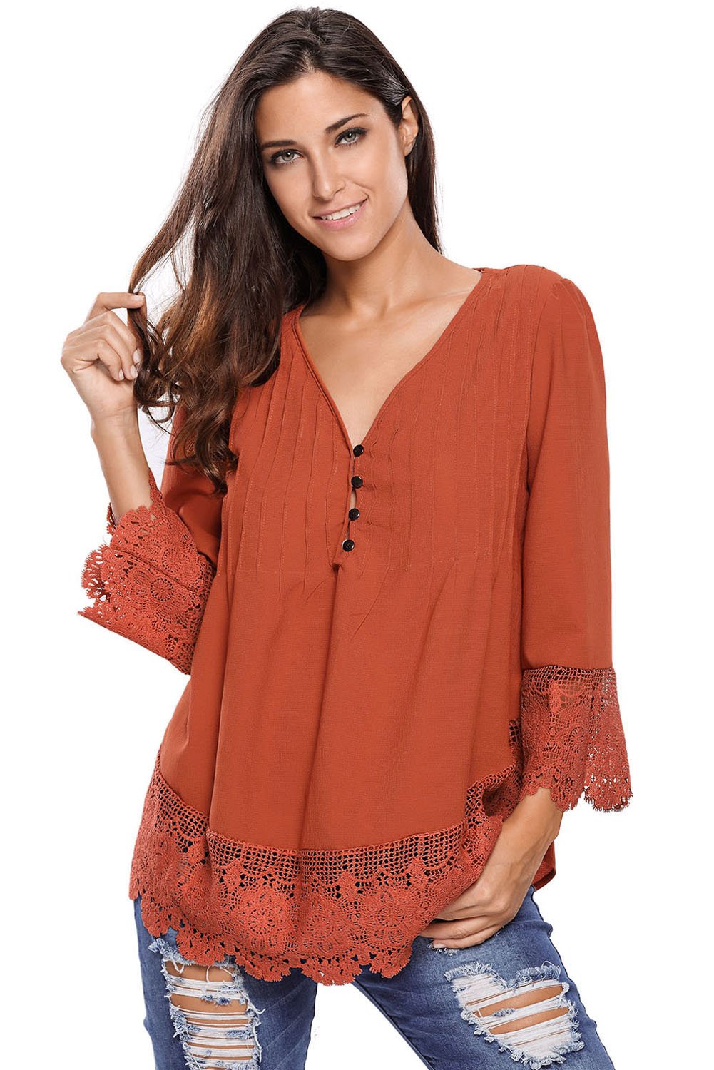Brown Lace Detail Button Up Sleeved Blouse