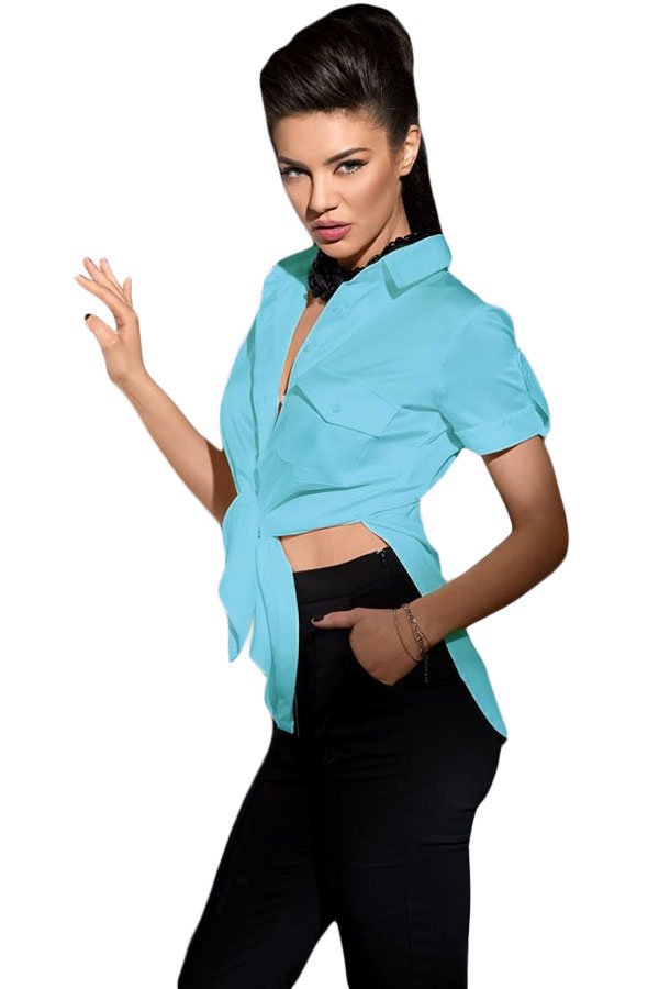 Light Blue Button Up Side Slit Short Sleeve Shirt