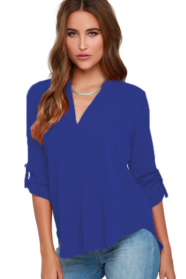 Royal Blue V Neck Loose Fitting Chiffon Blouse