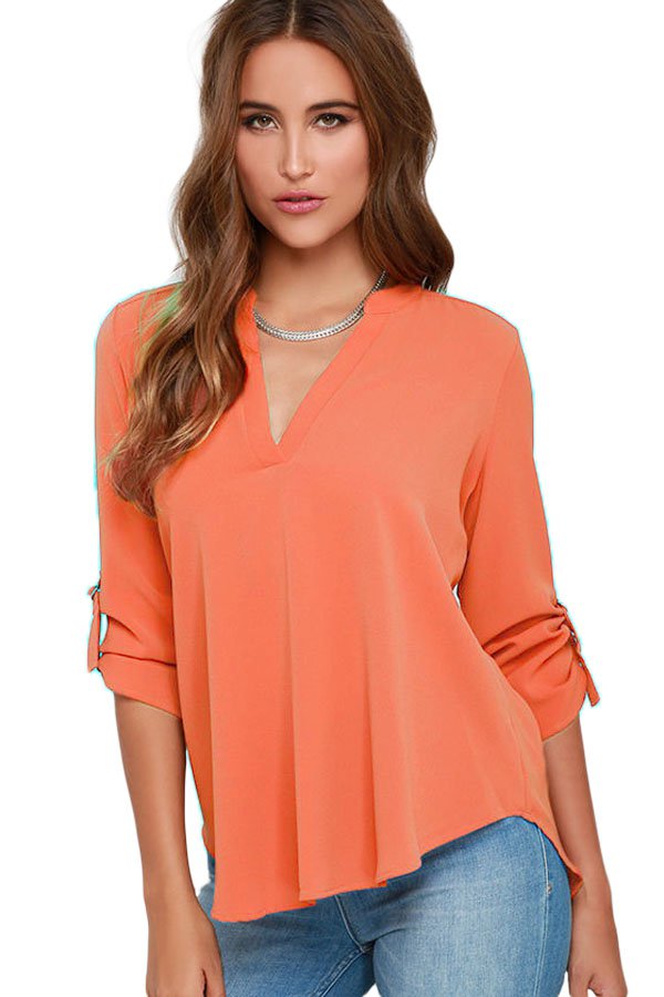 Orange V Neck Loose Fitting Chiffon Blouse