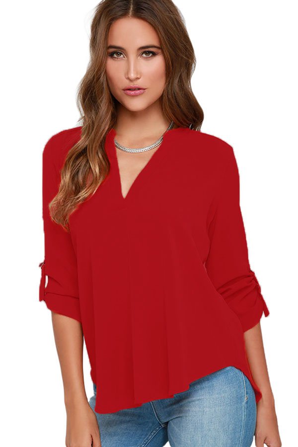 Wine V Neck Loose Fitting Chiffon Blouse