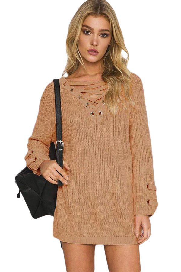Khaki Crisscross Knitted Long Sweater Online