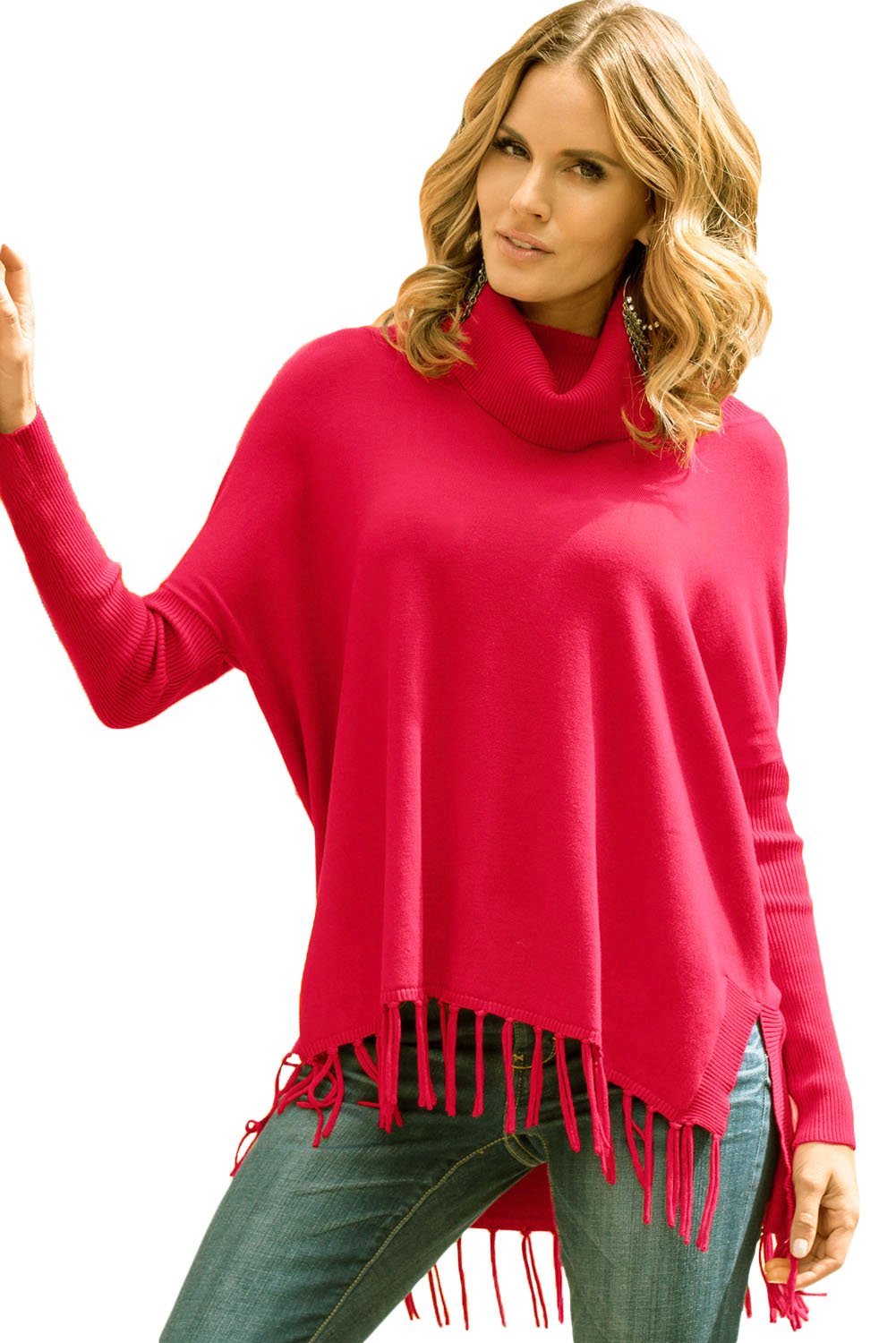 Red Turtleneck Fringe Hemline Tunic Sweater