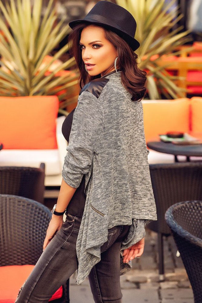 Leather Shoulder Patch Asymmetric Cardigan