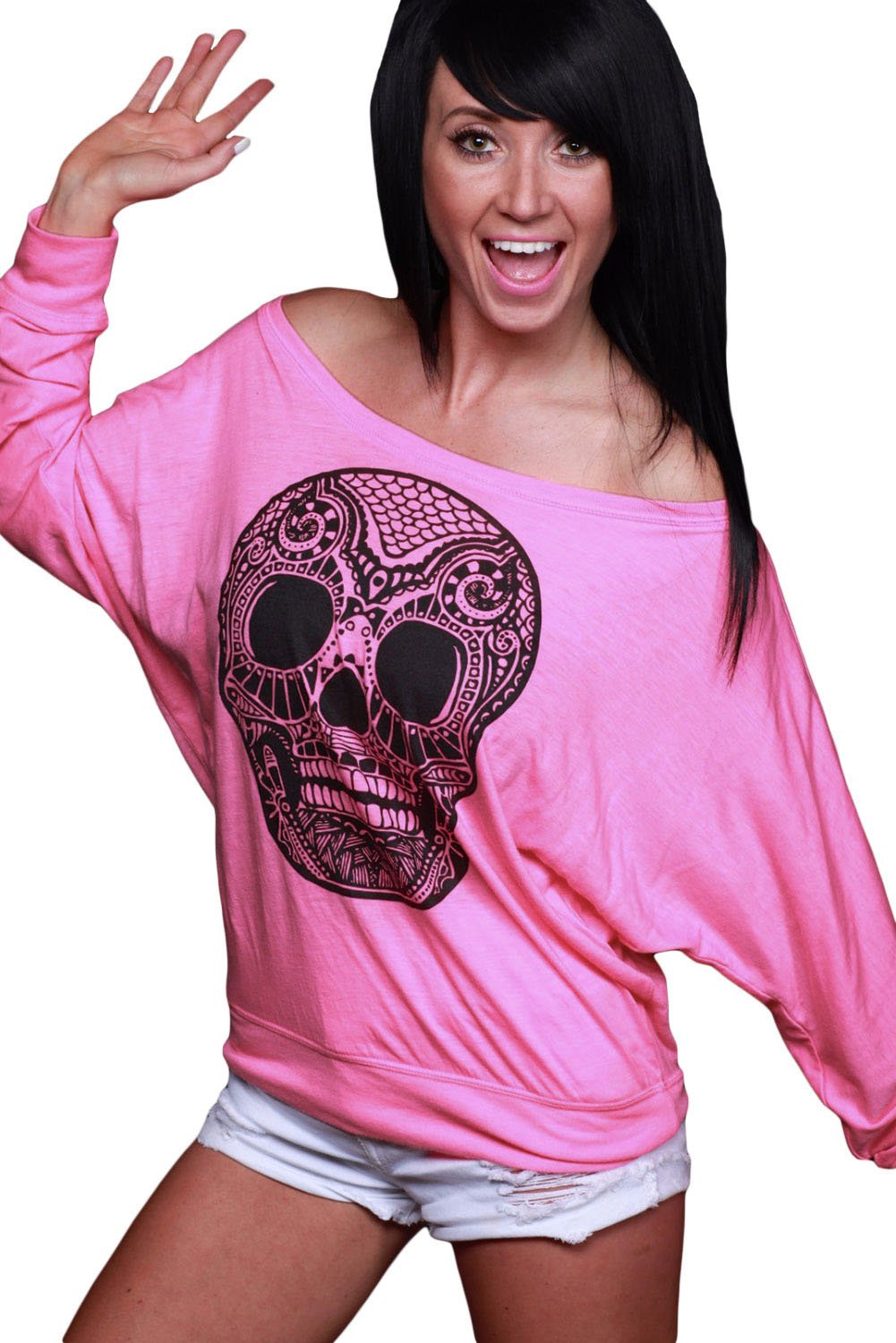 Skull Print Off Neck Pink Long Sleeve T-shirt