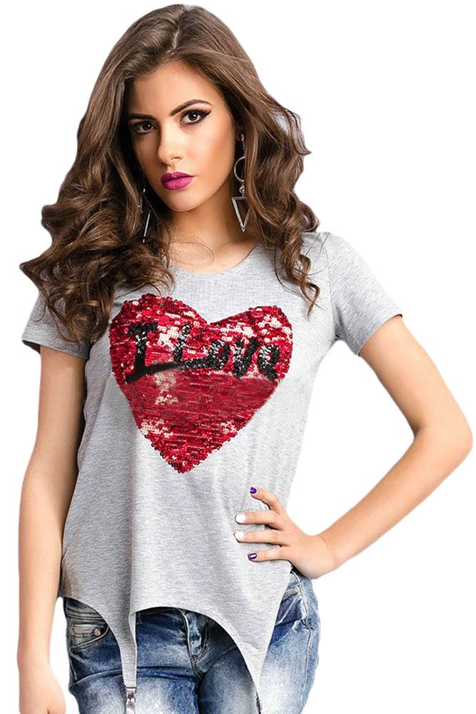 Stunning Sequined Heart Grey Garter T-shirt