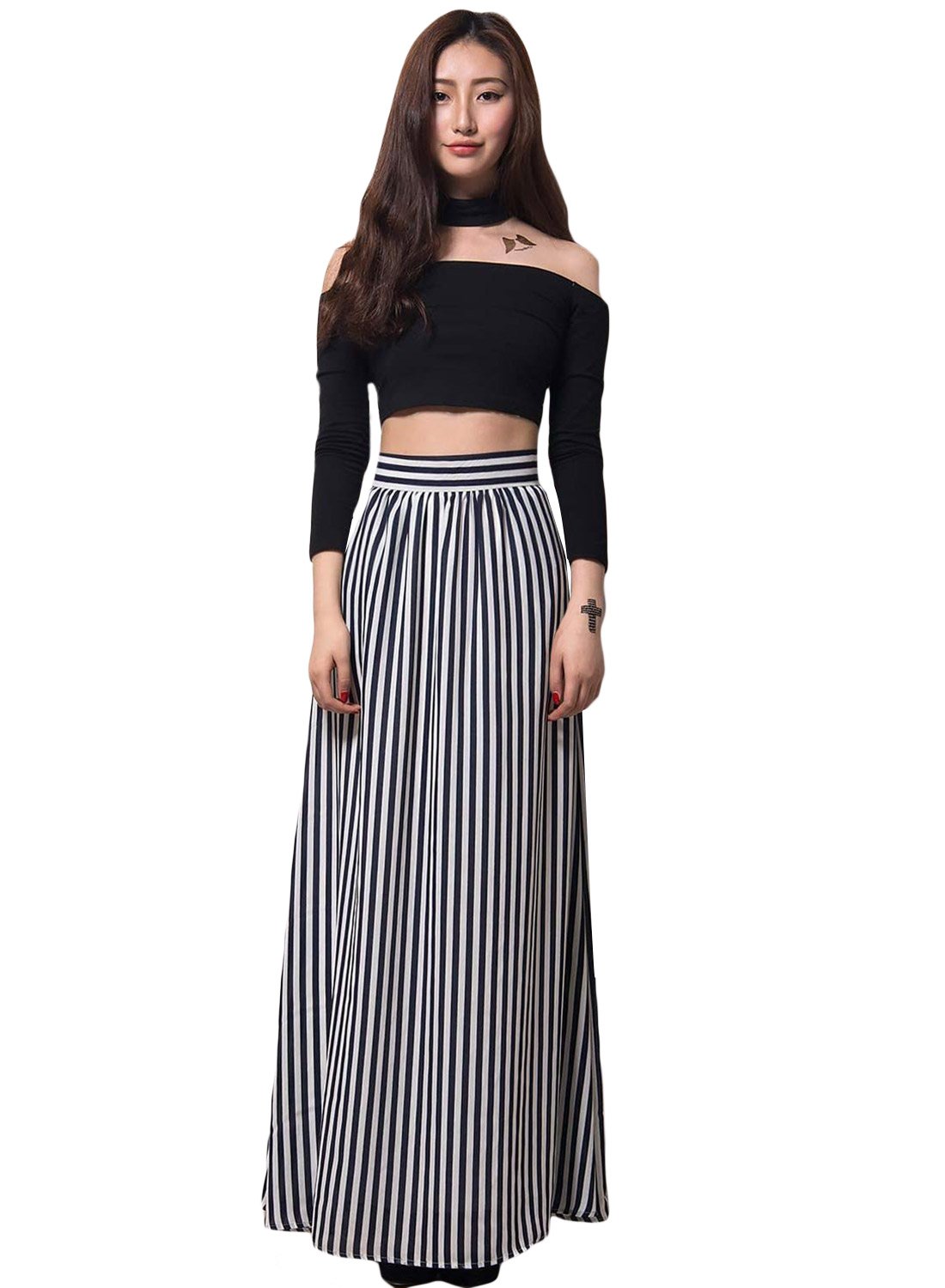 Black White Stripes Adult Maxi Skirt