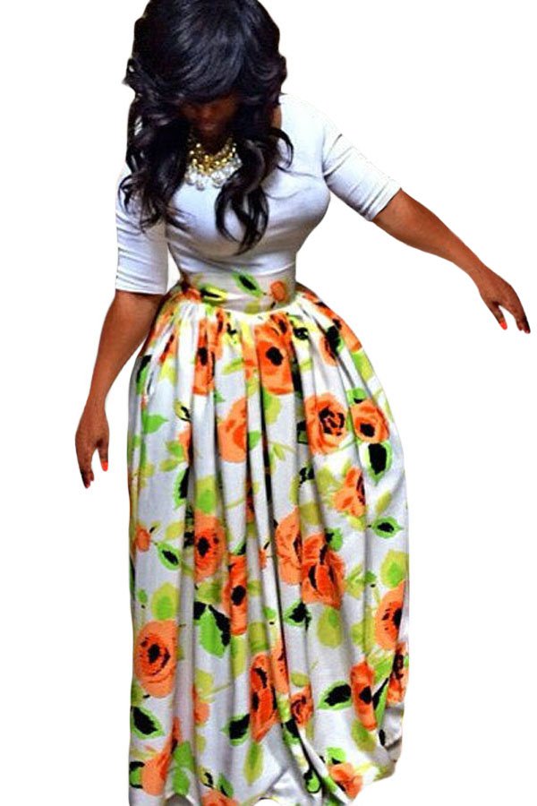 Orange Flower African Print Navy Maxi Skirt