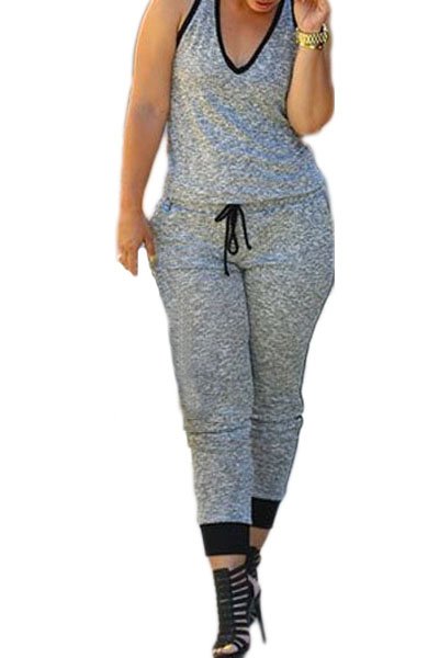Grey Drawstring Waist V Neck Sleeveless Jumpsuit