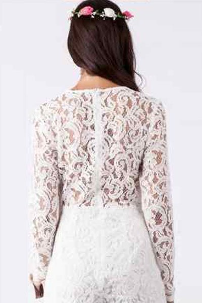 White Alluring Deep V Neck Long Sleeve Lace Romper