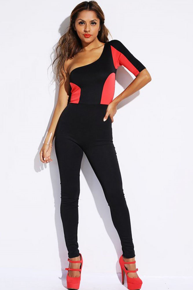 Red Block Stitching One-shoulder Jumpsuit