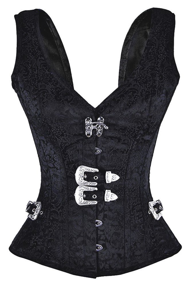 Black 12 Steel Bone Brocade Vested Corset