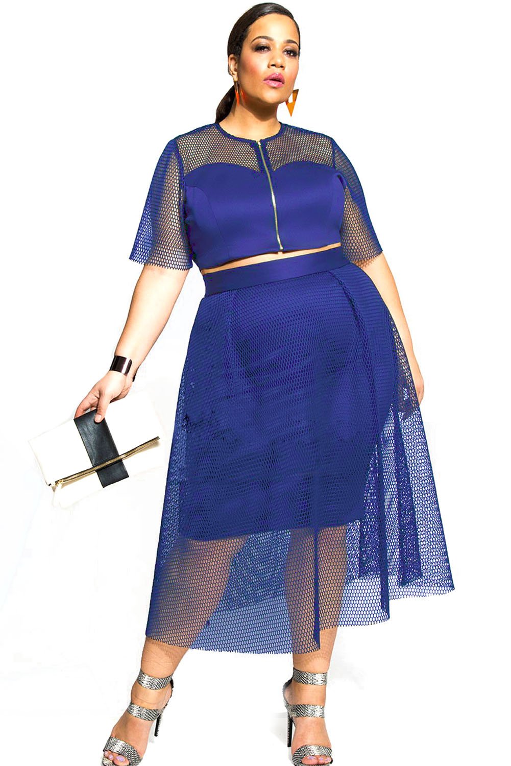Blue Mesh Joint Plus Crop Top Skirt Set