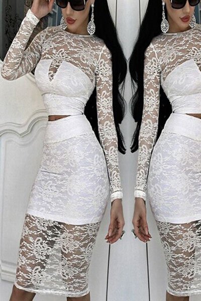 White Lace Overlay Long-sleeve Skirt Set