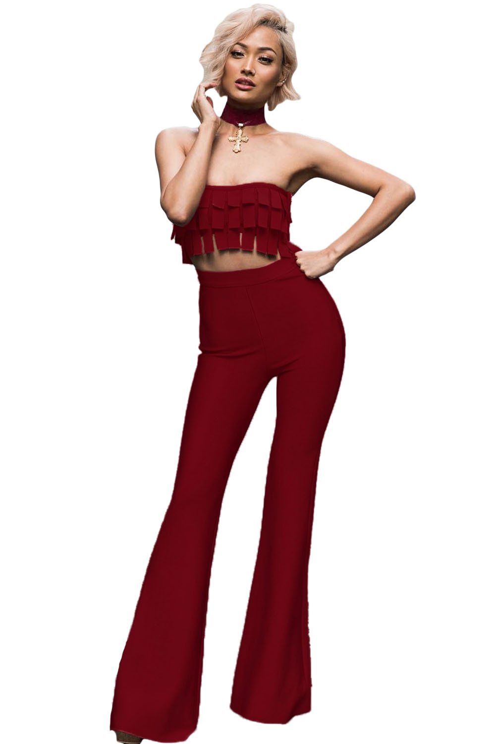 New Arrival Rust Red Frilled Crop Top High Waist Pant Set