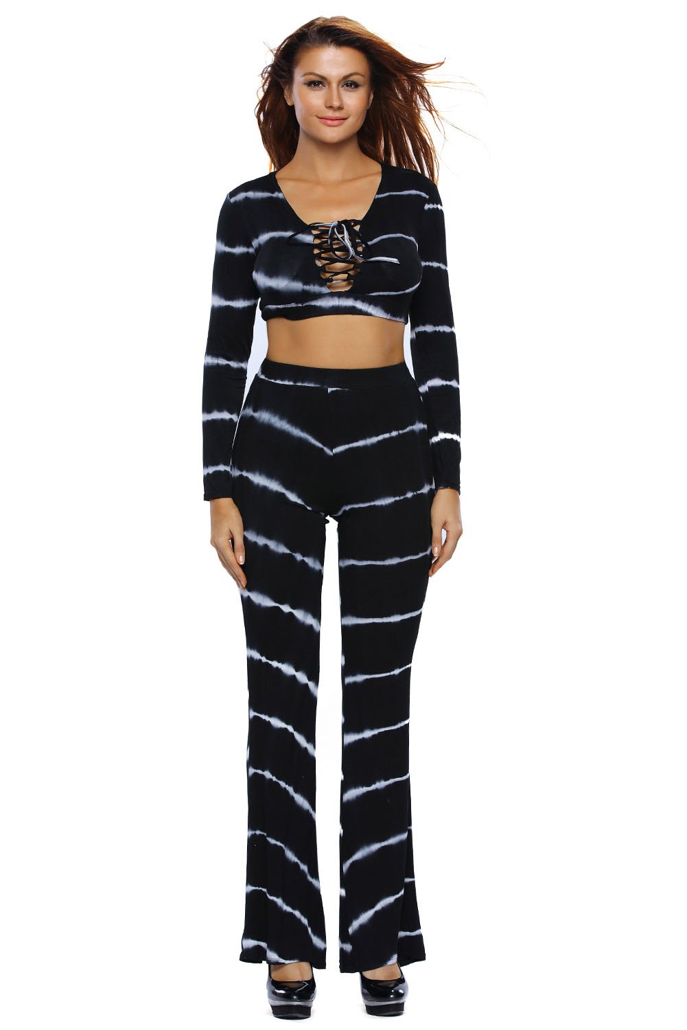 Black Tie Dye Print Sexy Two Piece Pant Set