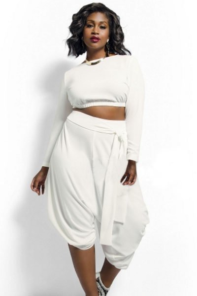 White Plus Size Crop Top Draped Convertible Pants Set