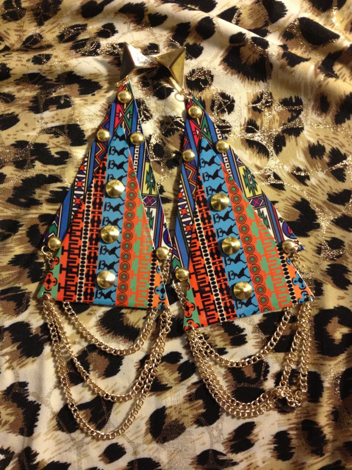 Tribal print mega triangle fashion earrings