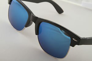 Gloss Black frame Sunglasses With Blue mirrored lenses retro 50s baller style