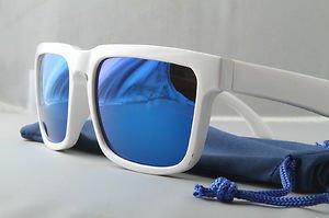 White Retro 80s SPORT style sunglasses blue mirrored lenses Great for ski snow