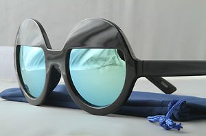 Black Funky Sleepy Eye sunglasses Sea green mirrored round lens half moon shades