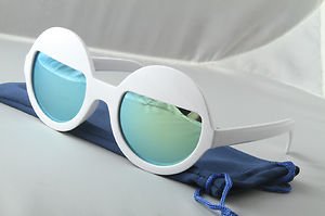 White Funky Sleepy Eye sunglasses Sea Green mirrored round lens half moon shades