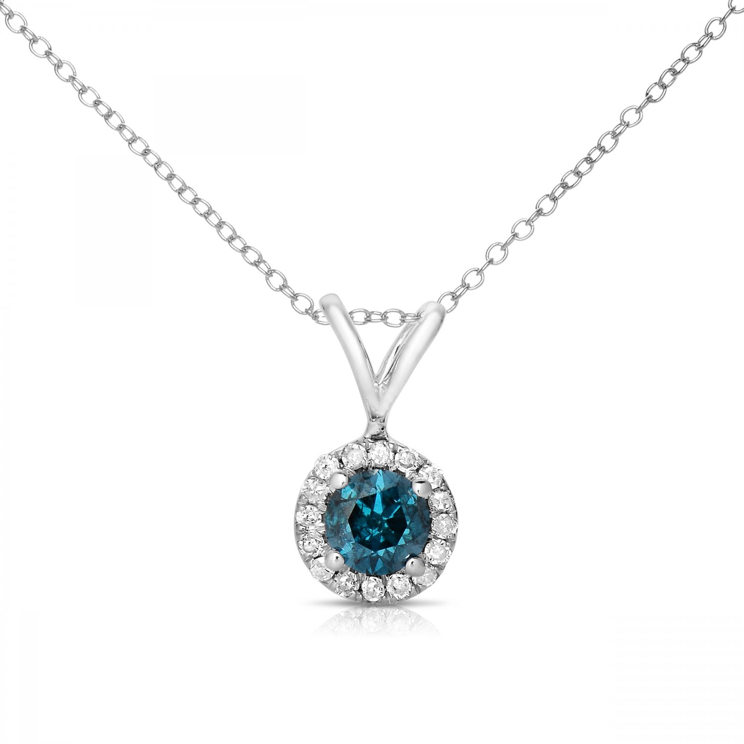 0.25 ct Round Blue Diamond Halo 14k White Gold Pendant Necklace Set (K1295-025WBL)