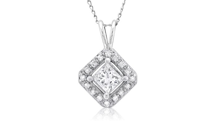 0.75 ct Princess Diamond Solitaire Halo 14k White Gold Pendant & Necklace Set (K1296-075W)