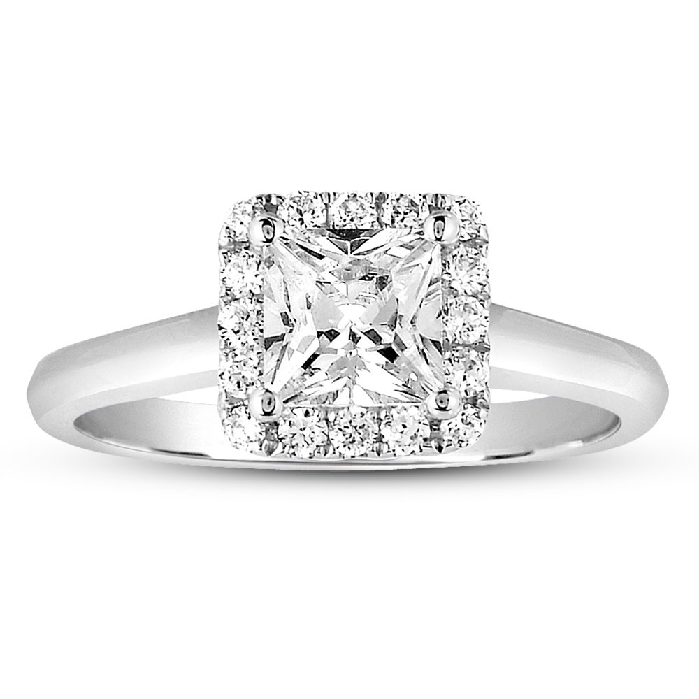 1 ct Princess & Round Halo Cluster Diamond Bridal Engagement Ring 14k White Gold (ER1356-PC-100W)