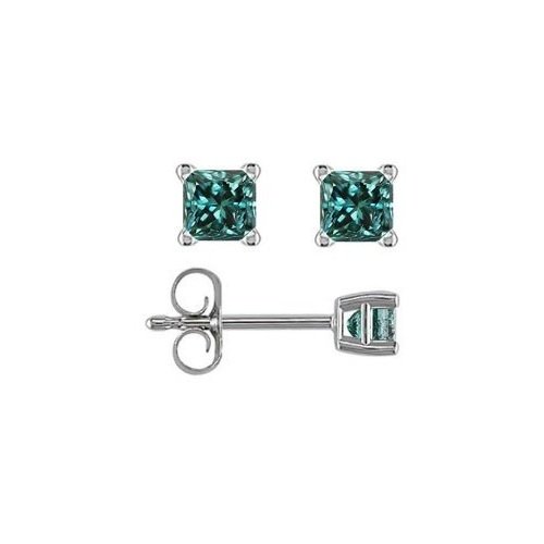 0.33 ct Blue Diamond Princess Solitaire 14K White Gold Basket Stud Earrings (E1243-PC-033WBL)