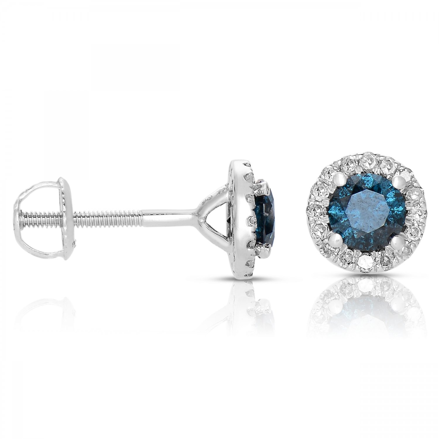 0.50 ct Blue Round Diamond Halo Cluster Stud Earrings Set 14k White Gold (E1295-050WBL)