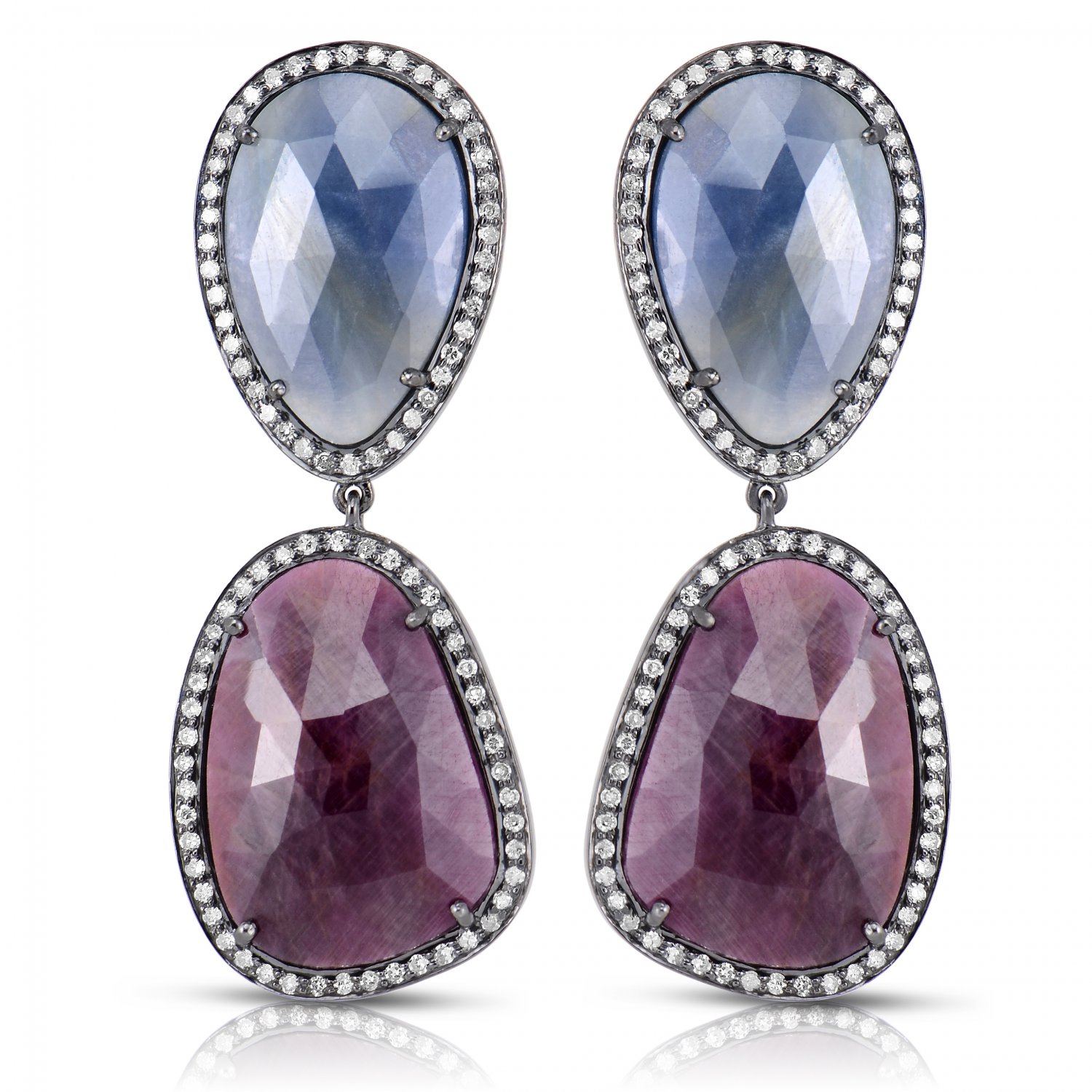 52.47 ct Sapphire Slices Birthstone & Diamond Halo Dangle Drop Silver Earrings (CS-1)