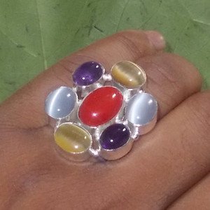 Coral ring - Cats Eye Ring - Amethyst Ring - Bezel set ring 925 Silver Ring 8.5