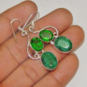 Natural Emerald Peridot Gemstone 925 Sterling Silver Overlay Dangle Earrings