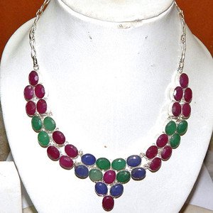 KASHMIR RUBY SAPPHIRE SAKOTA MINES EMERALD .925 SILVER OVERLAY NECKLACE 18"