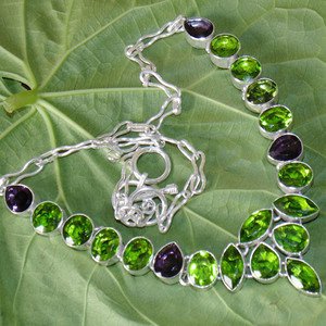 Peridot Amethyst Gemstone Necklace- Fashion 925 Silver Adjustable Size 18.5"