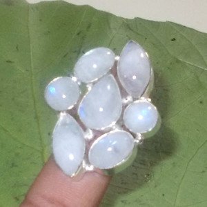 Blue Fire Rainbow Moonstone Ring- 925 Silver Gemstone Multi Stones Ring Size 9