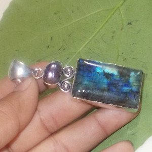 Natural Blue Flashing Labradorite Fresh Water Pearl 925 Silver Gemstone Pendant